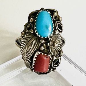 🦋🌹Vintage Traditional Navajo Turquoise Coral Sterling Silver Ring